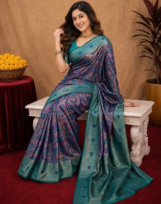 Turquoise soft art silk blend banarasi jacuard work saree with unstitched blouse piece 4