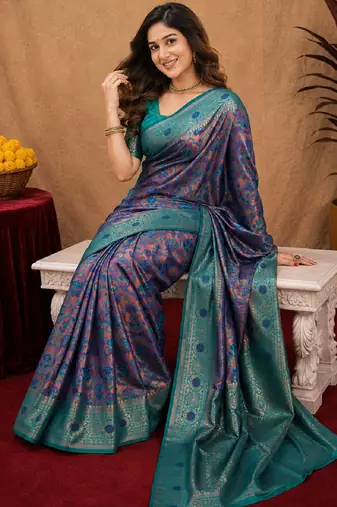 Turquoise soft art silk blend banarasi jacuard work saree with unstitched blouse piece