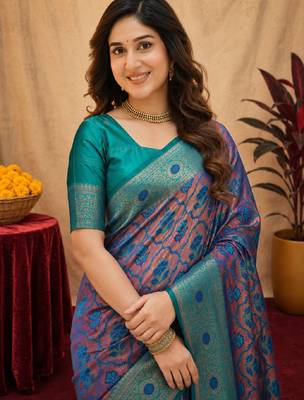 Turquoise soft art silk blend banarasi jacuard work saree with unstitched blouse piece 5