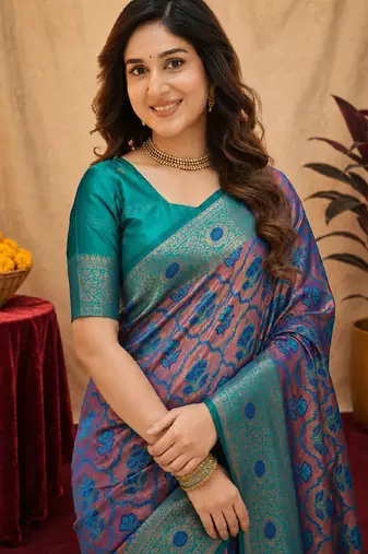 Turquoise soft art silk blend banarasi jacuard work saree with unstitched blouse piece
