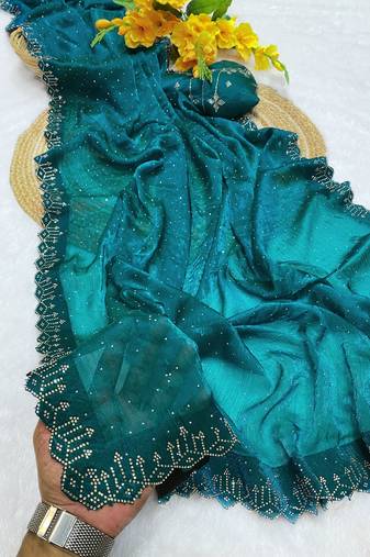 Rama zharkan stone work fendy chiffon saree with blouse