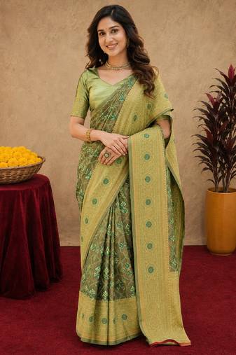 Light green art silk blend banarasi jacuard work saree with unstitched blouse piece