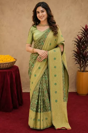 Light green art silk blend banarasi jacuard work saree with unstitched blouse piece