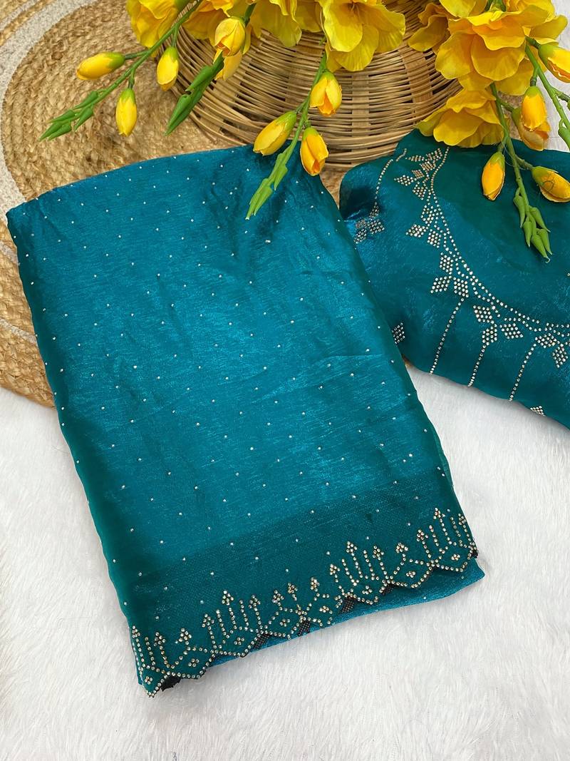 Rama zharkan stone work fendy chiffon saree with blouse
