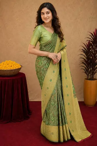 Light green art silk blend banarasi jacuard work saree with unstitched blouse piece