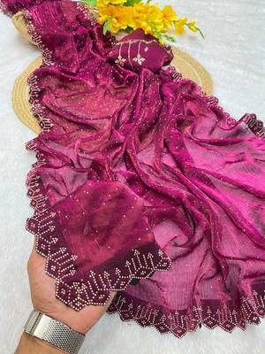 Wine zharkan stone work fendy chiffon saree with blouse 1