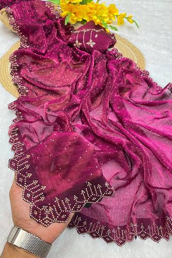 Wine zharkan stone work fendy chiffon saree with blouse