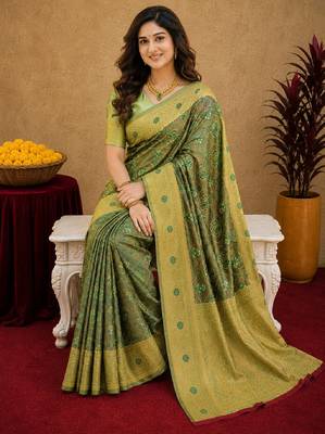 Light green art silk blend banarasi jacuard work saree with unstitched blouse piece 4
