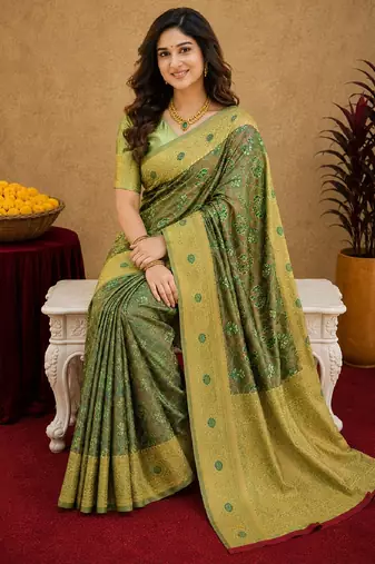 Light green art silk blend banarasi jacuard work saree with unstitched blouse piece