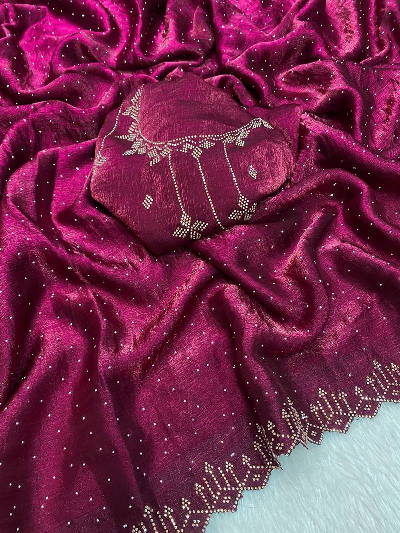 Wine zharkan stone work fendy chiffon saree with blouse