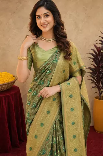 Light green art silk blend banarasi jacuard work saree with unstitched blouse piece
