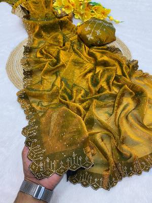 Mustard zharkan stone work fendy chiffon saree with blouse 1