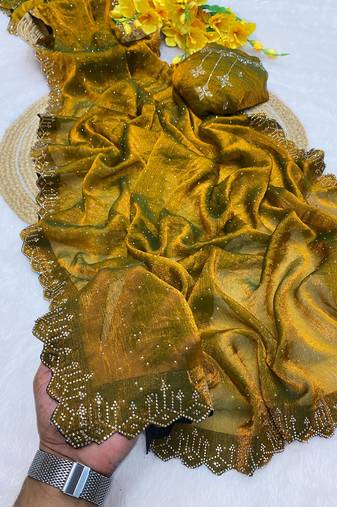 Mustard zharkan stone work fendy chiffon saree with blouse