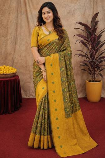 Green mustard art silk blend banarasi jacuard work saree with unstitched blouse piece