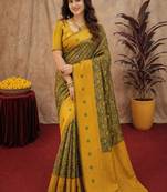 Green mustard art silk blend banarasi jacuard work saree with unstitched blouse piece