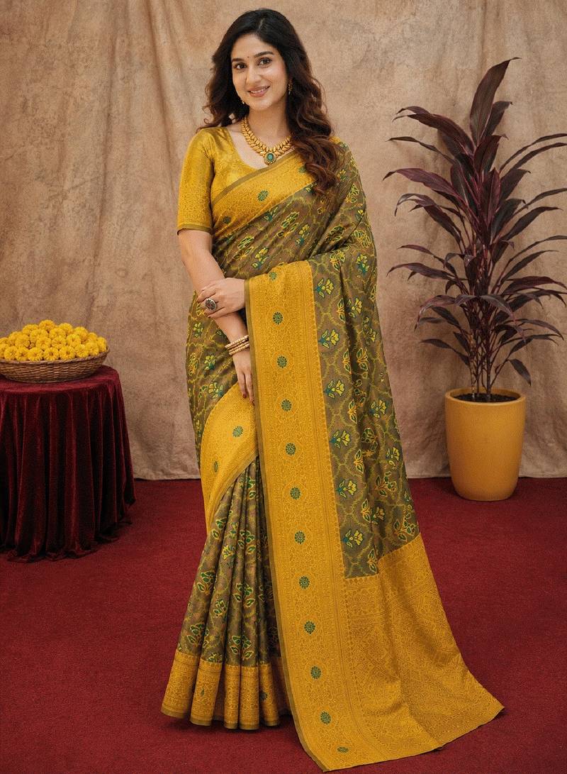 Green mustard art silk blend banarasi jacuard work saree with unstitched blouse piece