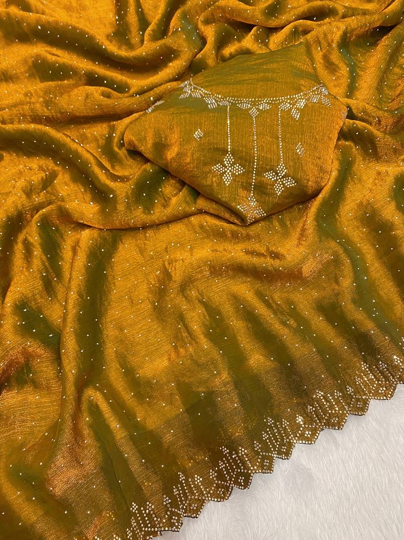Mustard zharkan stone work fendy chiffon saree with blouse