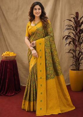 Green mustard art silk blend banarasi jacuard work saree with unstitched blouse piece 2