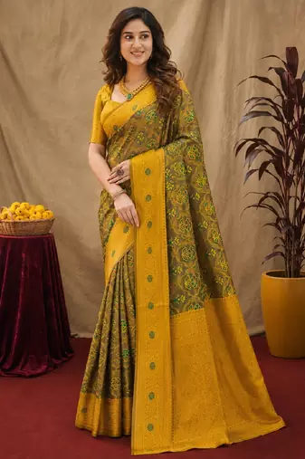 Green mustard art silk blend banarasi jacuard work saree with unstitched blouse piece