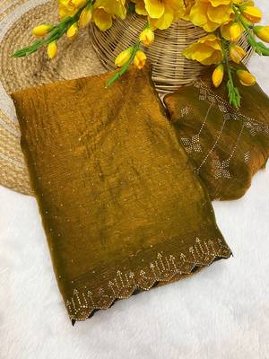 Mustard zharkan stone work fendy chiffon saree with blouse 3