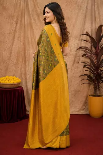 Green mustard art silk blend banarasi jacuard work saree with unstitched blouse piece