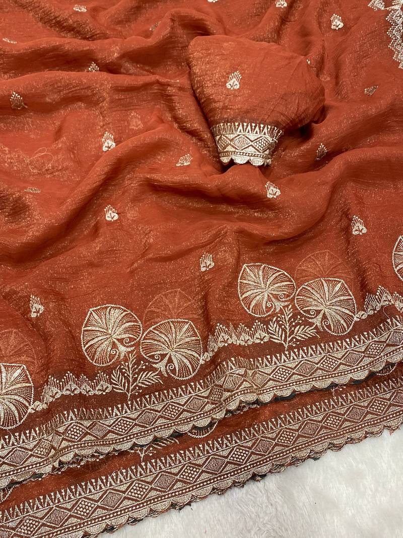 Fanta zari embroidery work crunchy saree with blouse