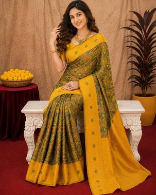 Green mustard art silk blend banarasi jacuard work saree with unstitched blouse piece 4