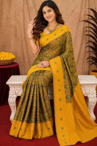 Green mustard art silk blend banarasi jacuard work saree with unstitched blouse piece