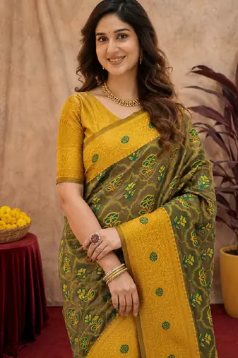 Green mustard art silk blend banarasi jacuard work saree with unstitched blouse piece
