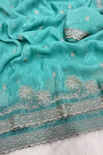 Firozi zari embroidery work crunchy saree with blouse
