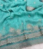 Firozi zari embroidery work crunchy saree with blouse