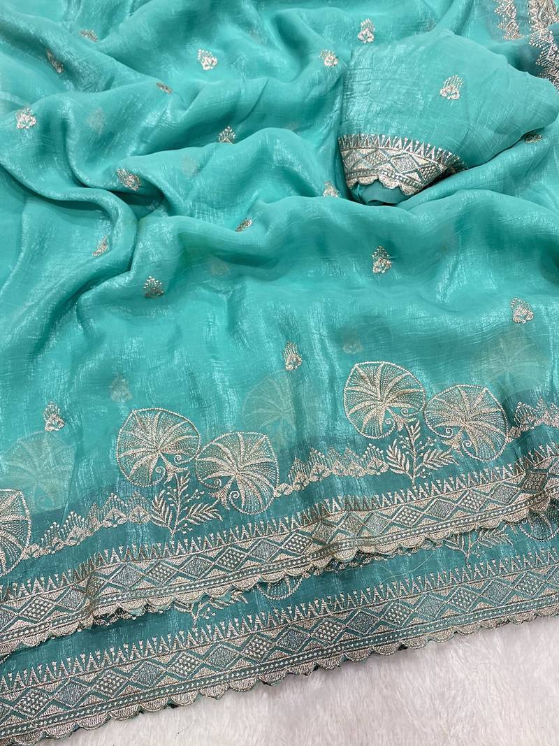 Firozi zari embroidery work crunchy saree with blouse