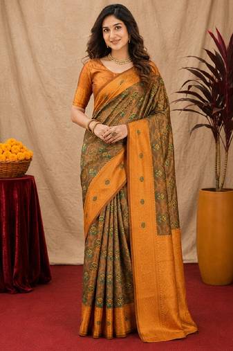 Green orange art silk blend banarasi jacuard work saree with unstitched blouse piece