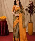 Green orange art silk blend banarasi jacuard work saree with unstitched blouse piece