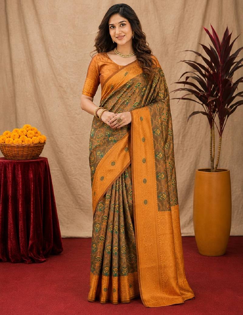 Green orange art silk blend banarasi jacuard work saree with unstitched blouse piece