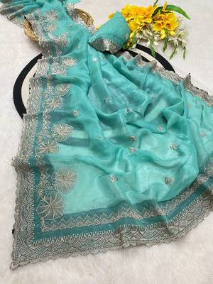 Firozi zari embroidery work crunchy saree with blouse 2