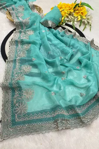 Firozi zari embroidery work crunchy saree with blouse