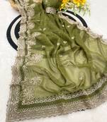 Mehndi zari embroidery work crunchy saree with blouse