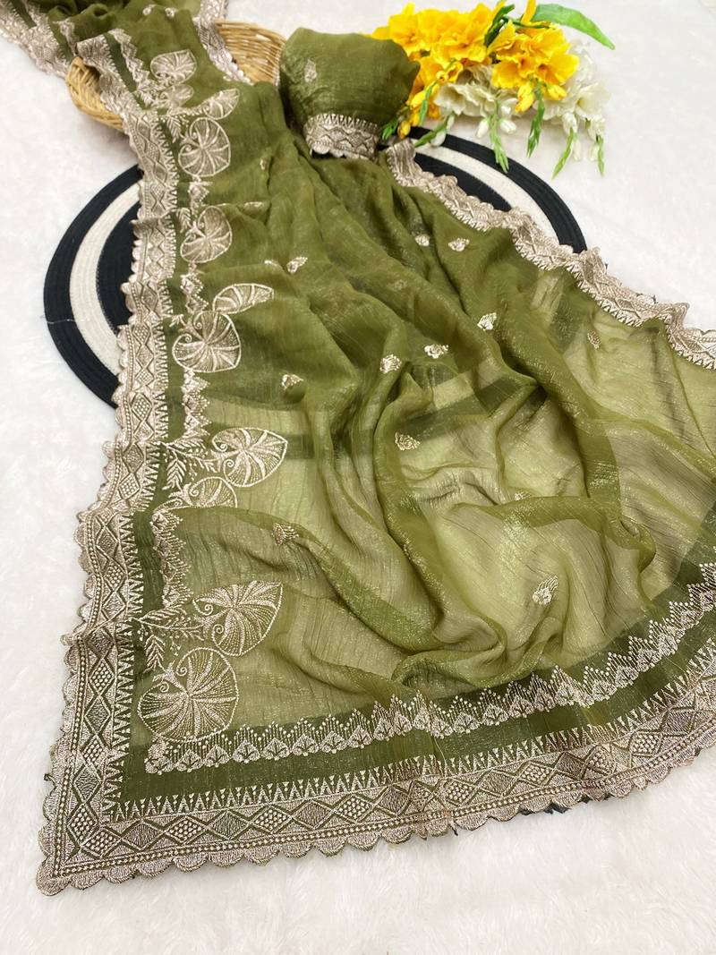 Mehndi zari embroidery work crunchy saree with blouse