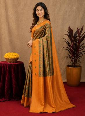 Green orange art silk blend banarasi jacuard work saree with unstitched blouse piece 2