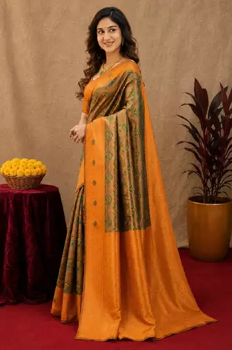 Green orange art silk blend banarasi jacuard work saree with unstitched blouse piece