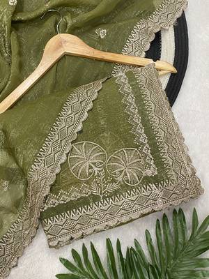 Mehndi zari embroidery work crunchy saree with blouse 2