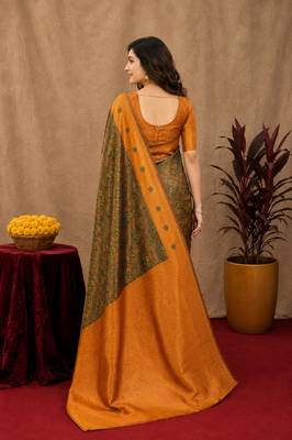 Green orange art silk blend banarasi jacuard work saree with unstitched blouse piece 3