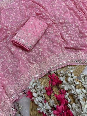 Baby pink zari embroidery work georgette saree with blouse 1