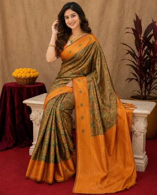 Green orange art silk blend banarasi jacuard work saree with unstitched blouse piece 4