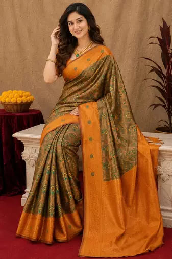 Green orange art silk blend banarasi jacuard work saree with unstitched blouse piece