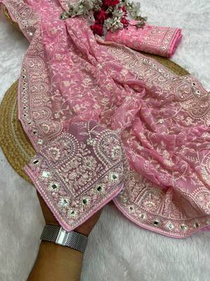 Baby pink zari embroidery work georgette saree with blouse 2
