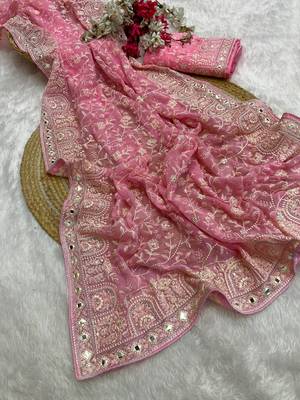 Baby pink zari embroidery work georgette saree with blouse 3