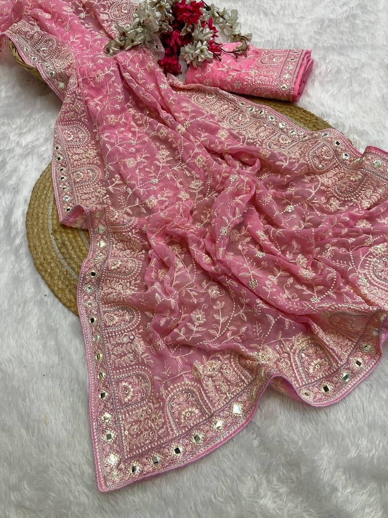 Baby pink zari embroidery work georgette saree with blouse