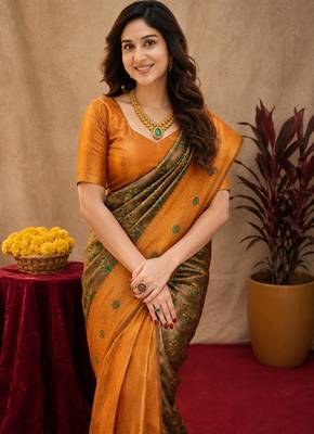 Green orange art silk blend banarasi jacuard work saree with unstitched blouse piece 5